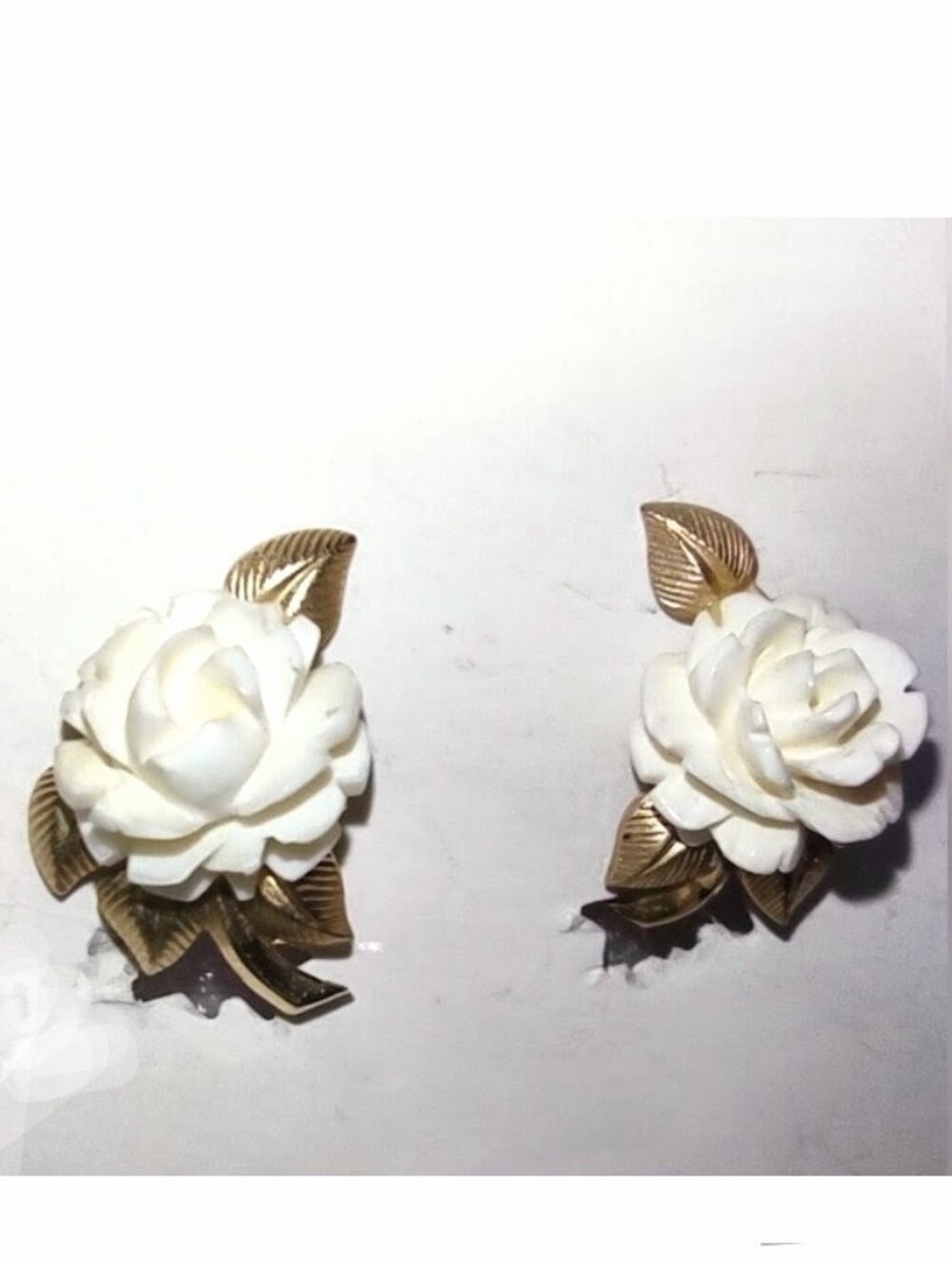 Carved Ivory Roses Gold Filled Stamped Screw-Back Vintage Earrings